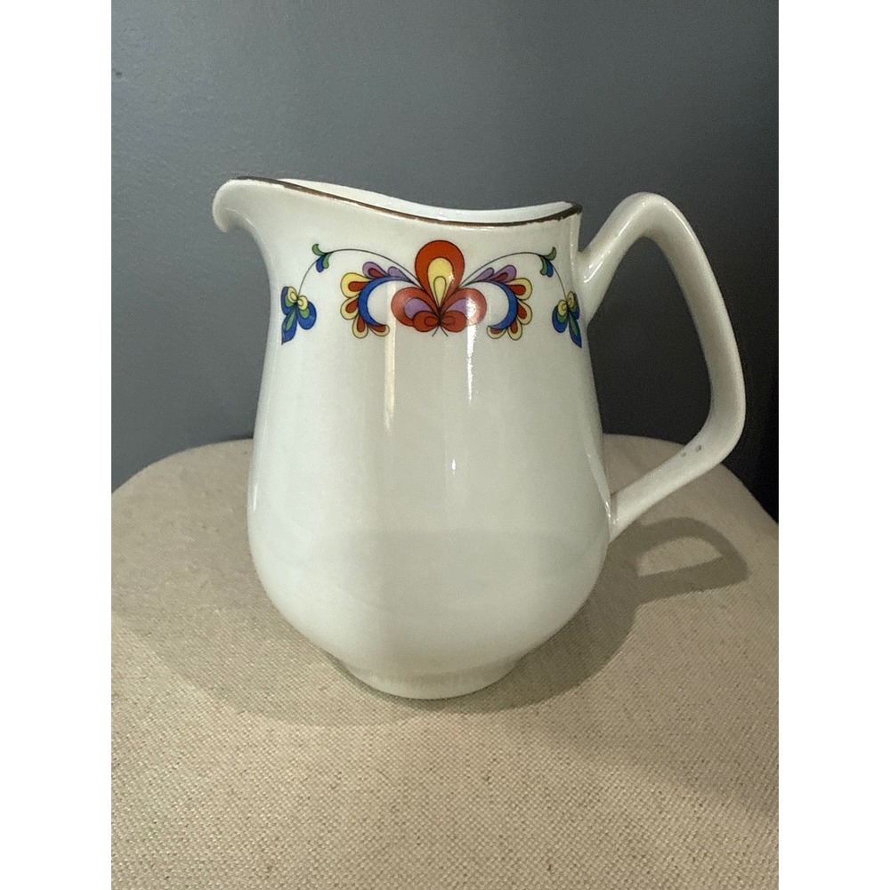 Porsgrund Norway Farmer's Rose Porcelain Pitcher Vintage Gold Trim